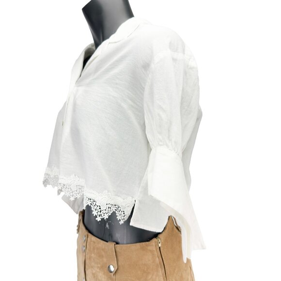 THE KOOPLES Sport Cropped Floral Lace-Hem Half Split Cuff Sleeves White Blouse 1 - Picture 2 of 9